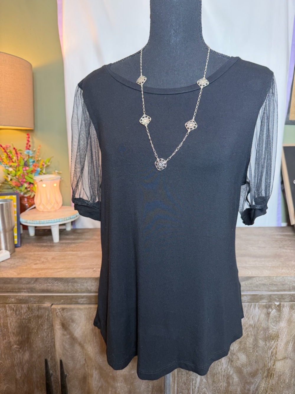 Tahari Black Short Sleeve Top with Sheer Mesh Sleeves